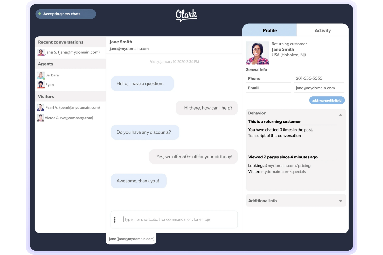  screenshot - Olark-arvostelu: hyvät ja huonot puolet, ominaisuudet ja hinnoittelu