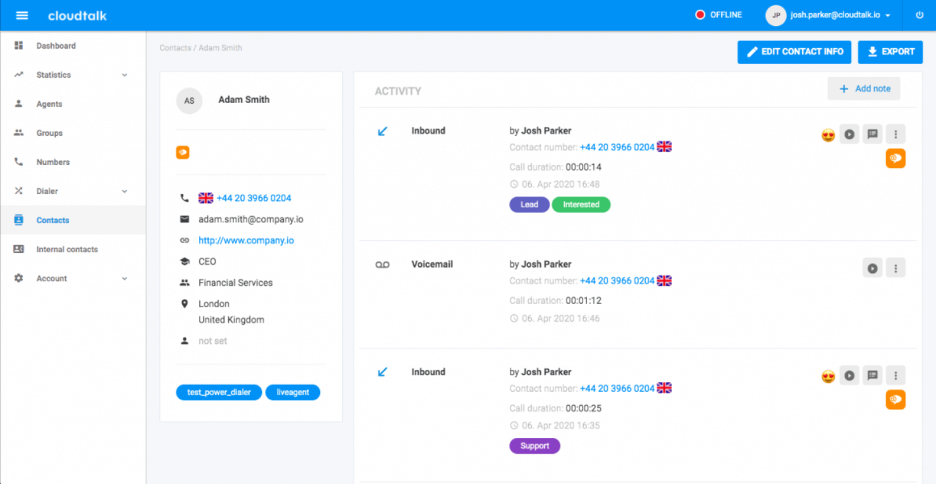 CloudTalk screenshot - Les 10 meilleurs logiciels gratuits de centre d’appels avec IA évalués en 2026