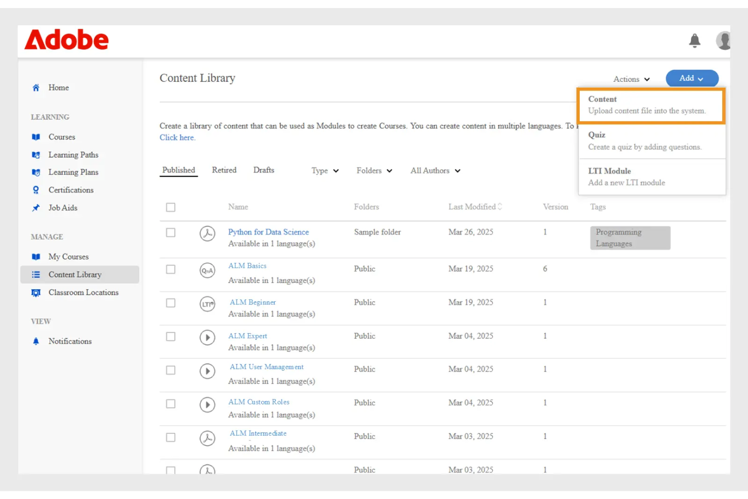 Adobe Learning Manager screenshot - Las 10 mejores alternativas a Docebo para la formación de clientes en 2026