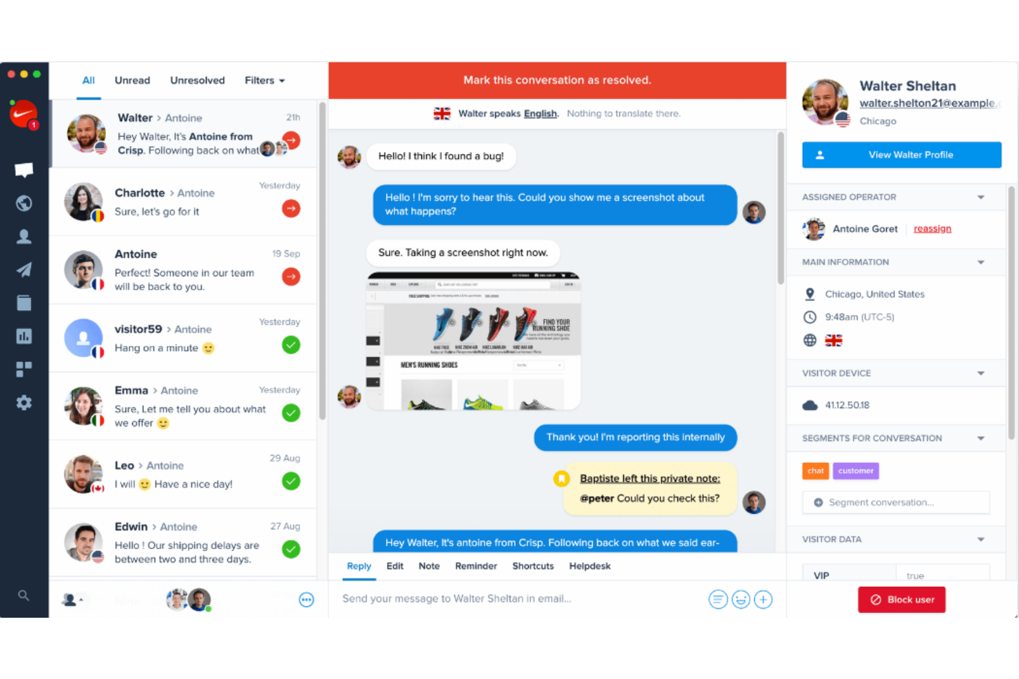 Crisp screenshot - Le 10 migliori piattaforme di messaggistica per i clienti per i team nel 2026