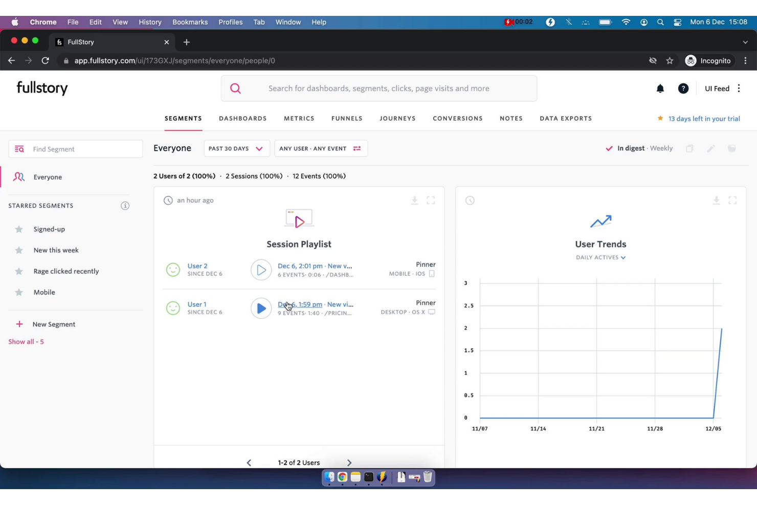 Fullstory screenshot - 10 Beste tools voor monitoring van digitale ervaringen voor 2026