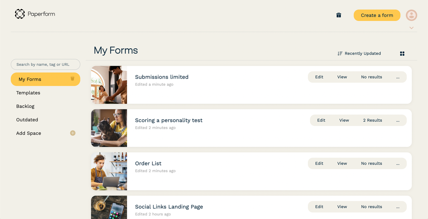 Paperform screenshot - 10 bästa alternativen till Jotform för onlineformulär 2026