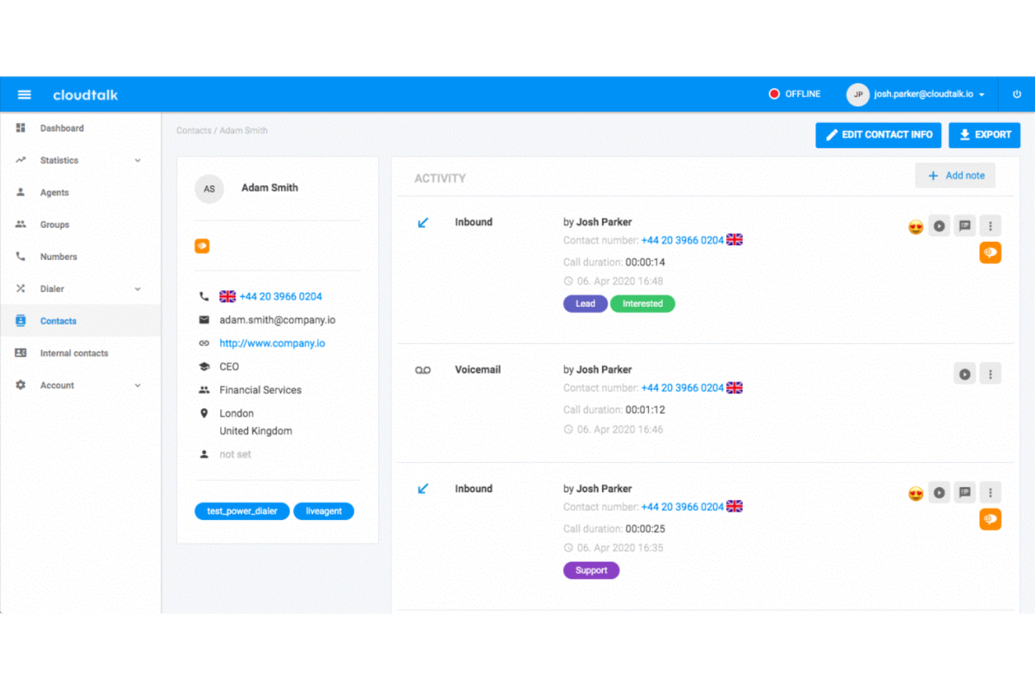 CloudTalk screenshot - 10 parasta yritystason puhelinkeskusohjelmistoa vuonna 2026