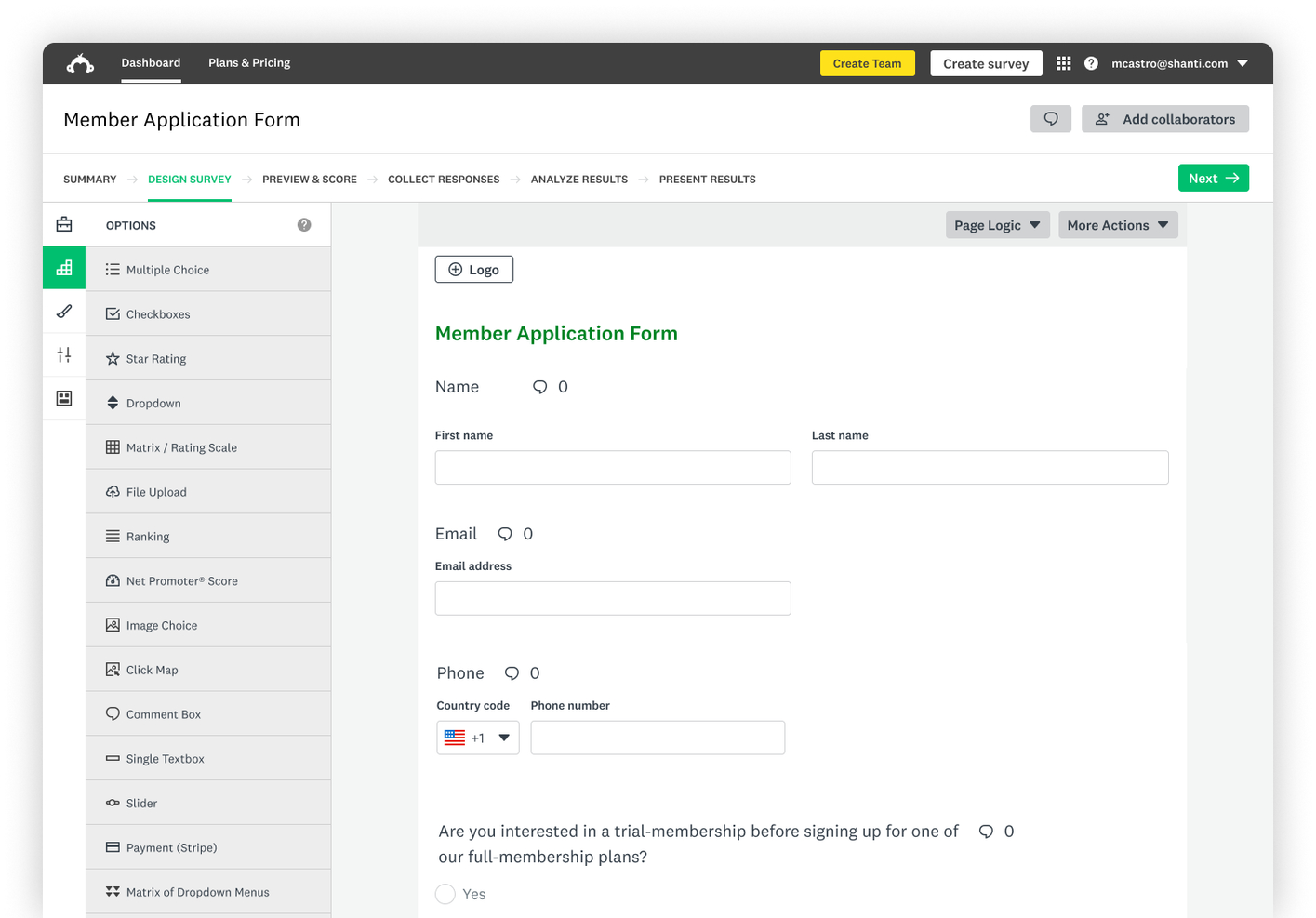 SurveyMonkey screenshot - 10 meilleures alternatives à Jotform pour les formulaires en ligne en 2026