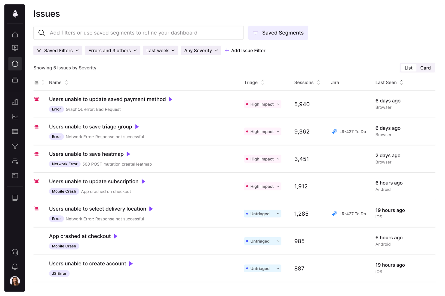 LogRocket screenshot - 10 bedste alternativer til Sentry til fejlovervågning i 2026