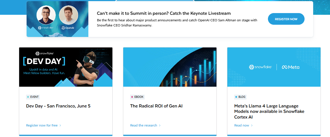 Snowflake highlights its AI focus with Dev Day, Gen AI insights, and Meta’s Llama 4 integration.