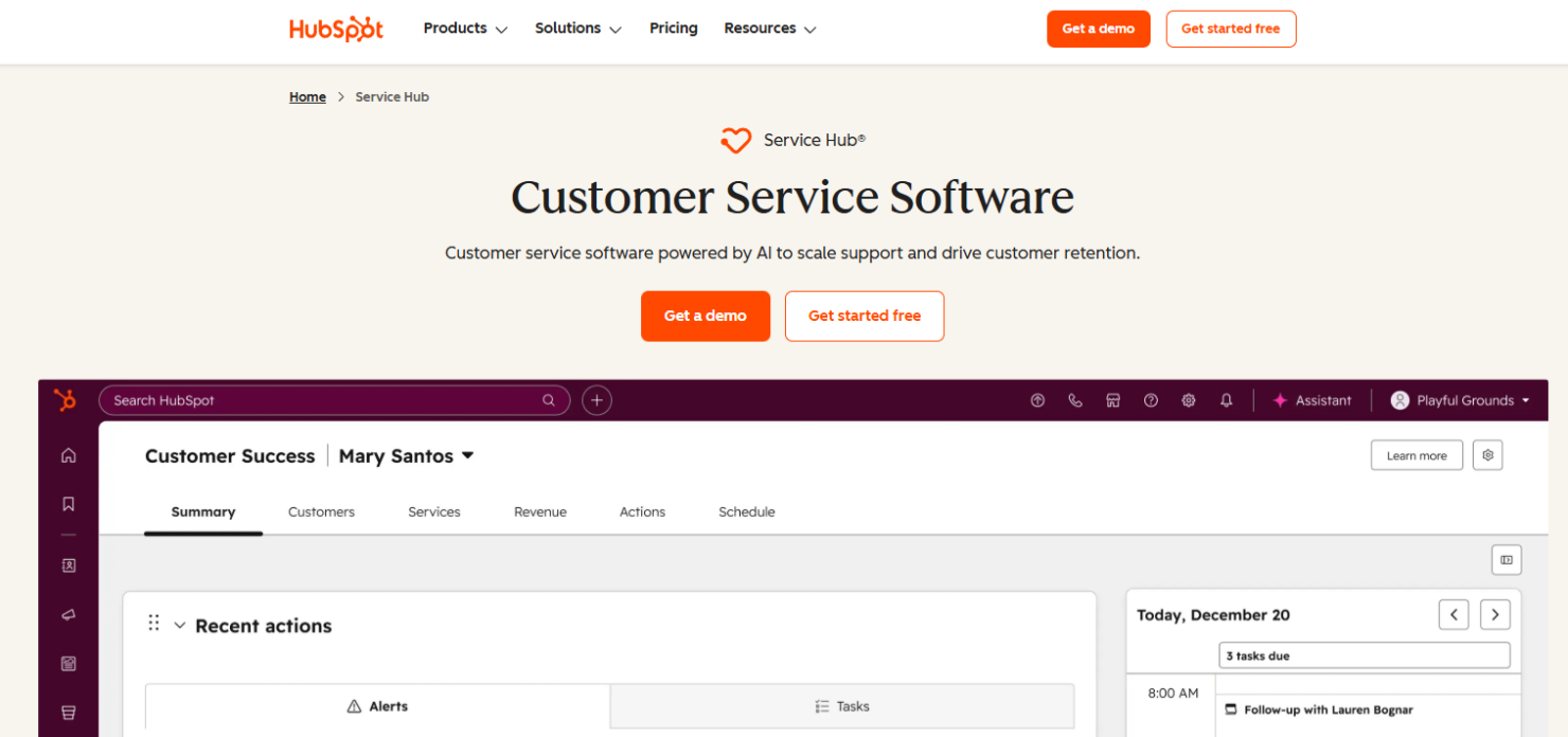 HubSpot Service Hub centralizes support, tickets, and customer communication.