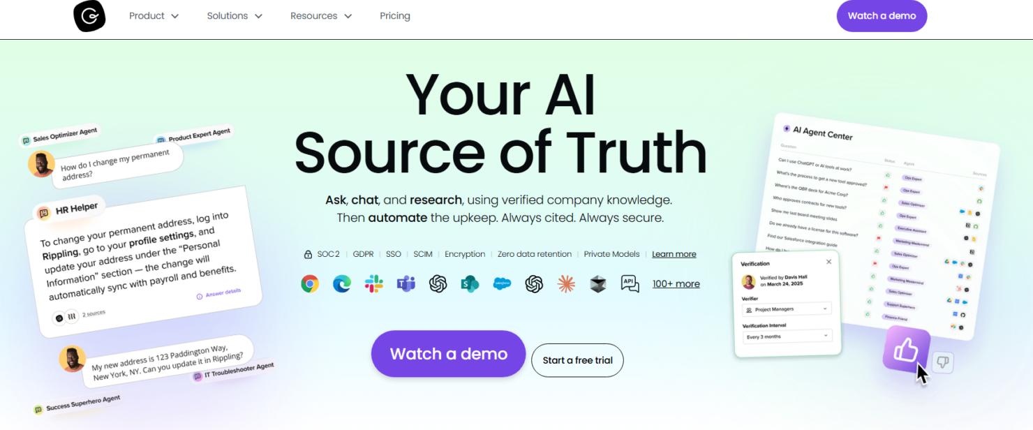 AI-powered internal knowledge base delivering verified answers in workflow.