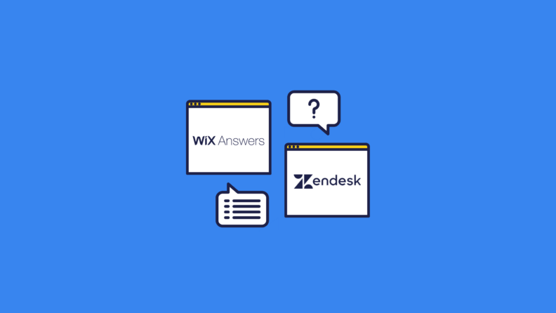 illustration of desktop screenshots showing the Wix Answers VS Zendesk logos